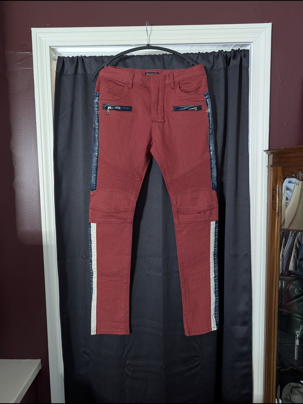 BALMAIN Vintage Moto Biker Skinny Jeans in Red W cut & Sew Side Stripes Italy